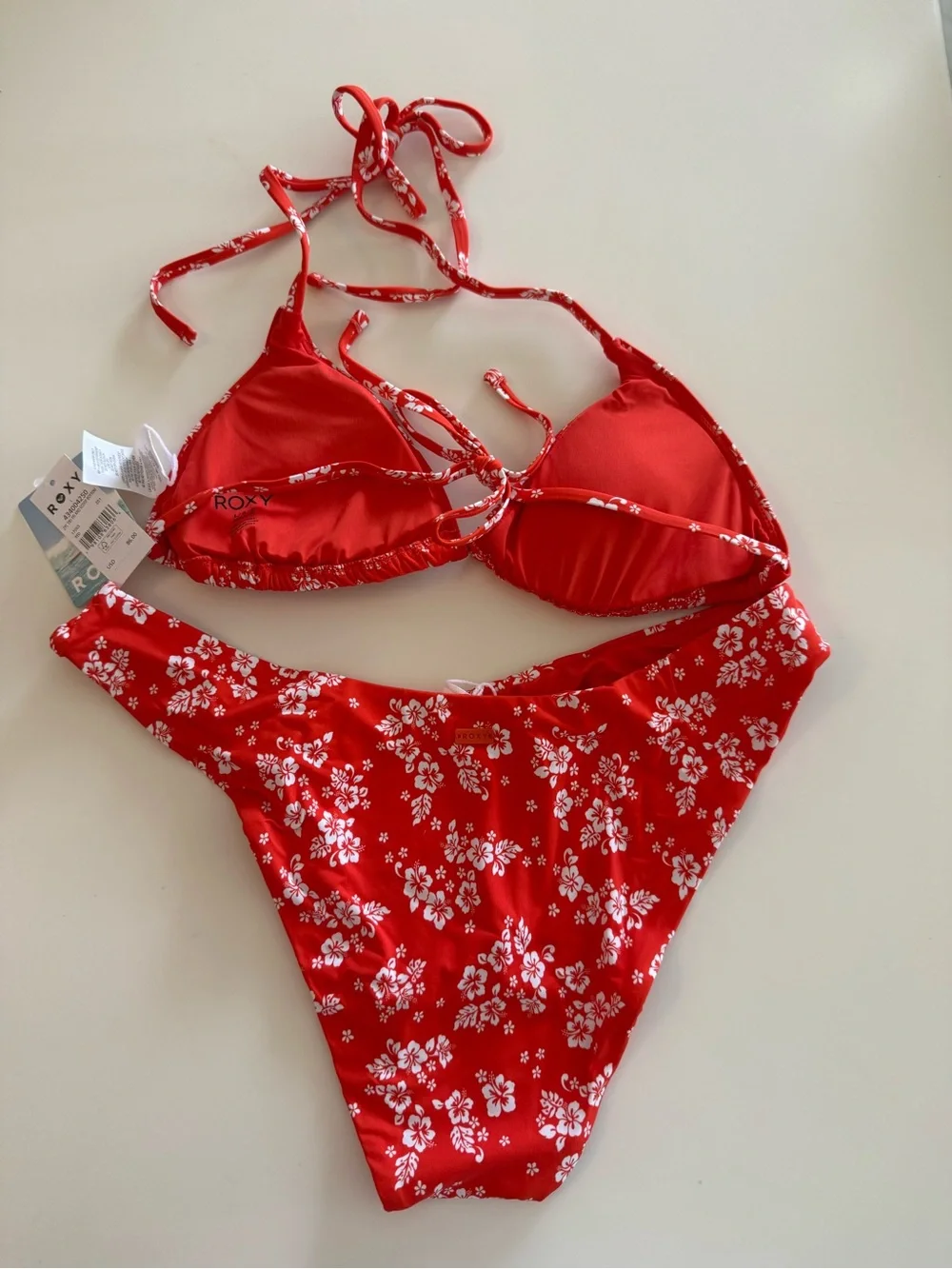 Roxy Orange Hibiscus Print Bikini Set, Large, NWT